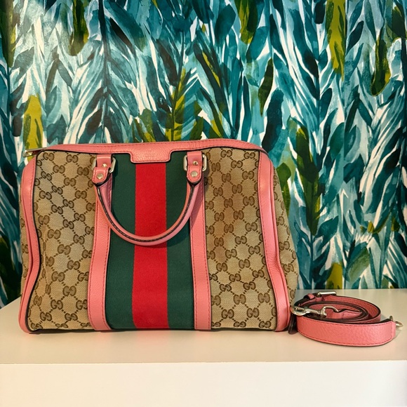 Gucci Monogram Boston Bag with Pink Trim - Picture 1 of 13